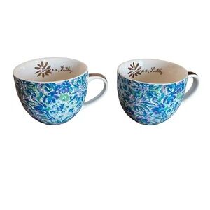 Lilly Pulitzer 12 Ounce Blue Ceramic Coffee/Tea Mug with Gold Handle - Set of 2